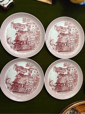 Vintage 2007 Spode Red and White Transferware Dinner Plates - Set of 4